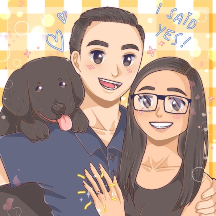 A caricature of KL, his wife and their dog.
