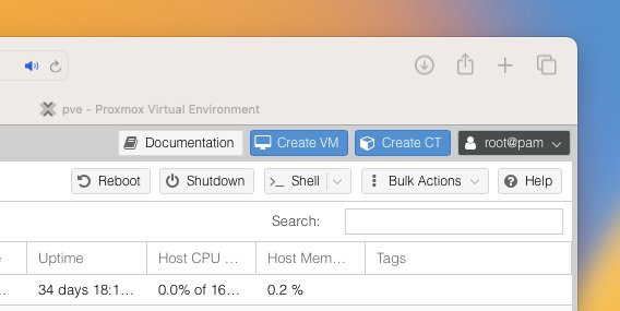 A screenshot of Proxmox Virtual Environment, showing the blue Create VM button